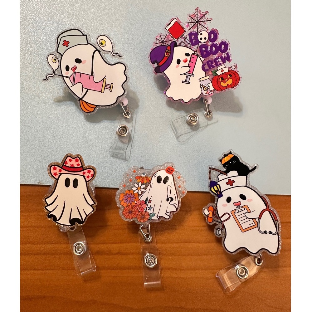 Halloween Ghost Nurse Badge Reel Set 5pc Retractable Acrylic Glitter Medical ID